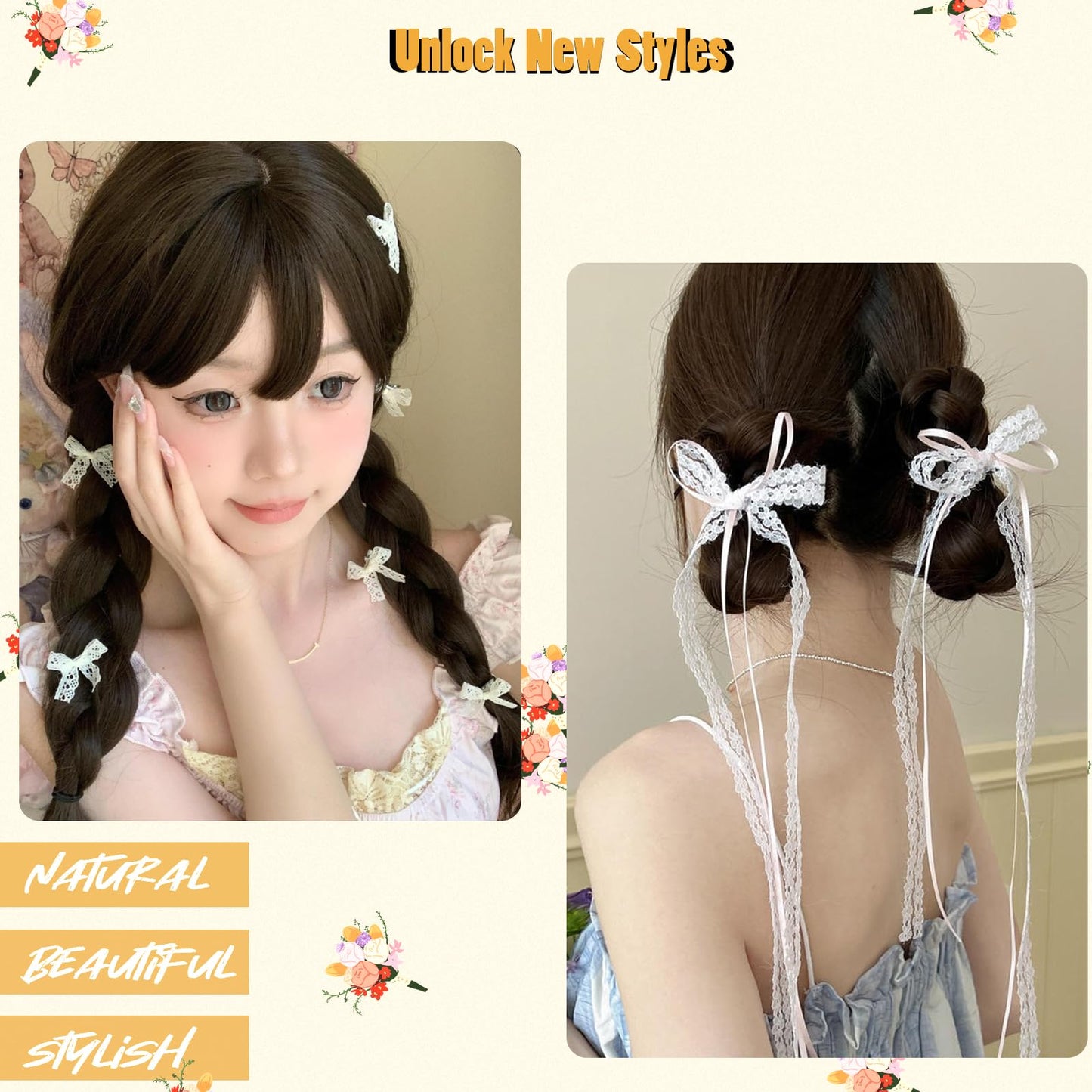 Mini Hair Bows for Women Girls Cute Hair Clips Small Alligator Long Tail Hair Ribbon Accessories -4 Styles -22P - Lace
