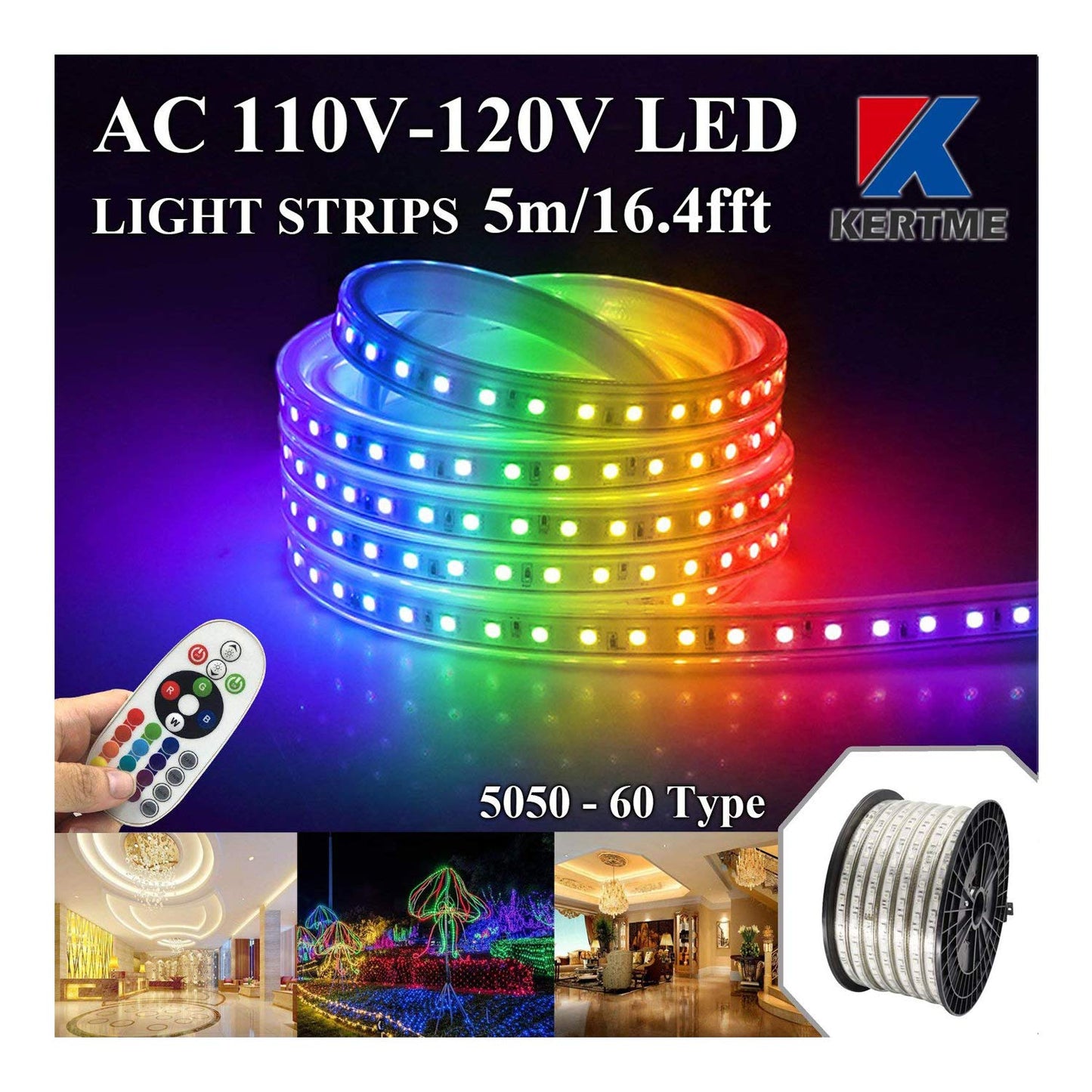 KERTME RGB LED Strip Lights, 5050 Model, 5m/16.4ft, Waterproof, Dimmable, Multi-Color with 24 Keys Remote