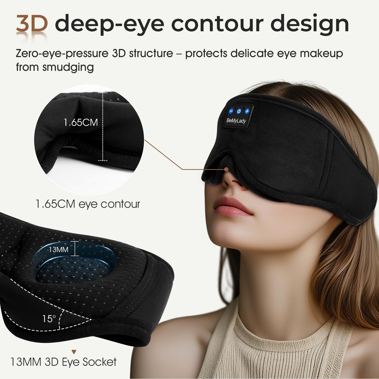 BeMyLady Sleep mask Headphones,100% Blackout 3D Zero Eye Pressure Bluetooth Sleep mask Breathable Eye mask with Bluetooth Headphones Sleep Headphones for Side Sleepers 14H Playtime&Bluetooth 5.4 Black