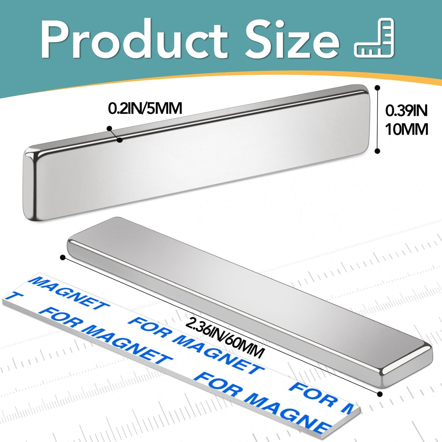 12 Pack Strong Neodymium Bar Magnets，Powerful Rare Earth Neodymium Magnets with Double-Sided Adhesive Perfect for Fridge, Garage, Kitchen, Craft, Office etc 60 x 10 x 3 mm