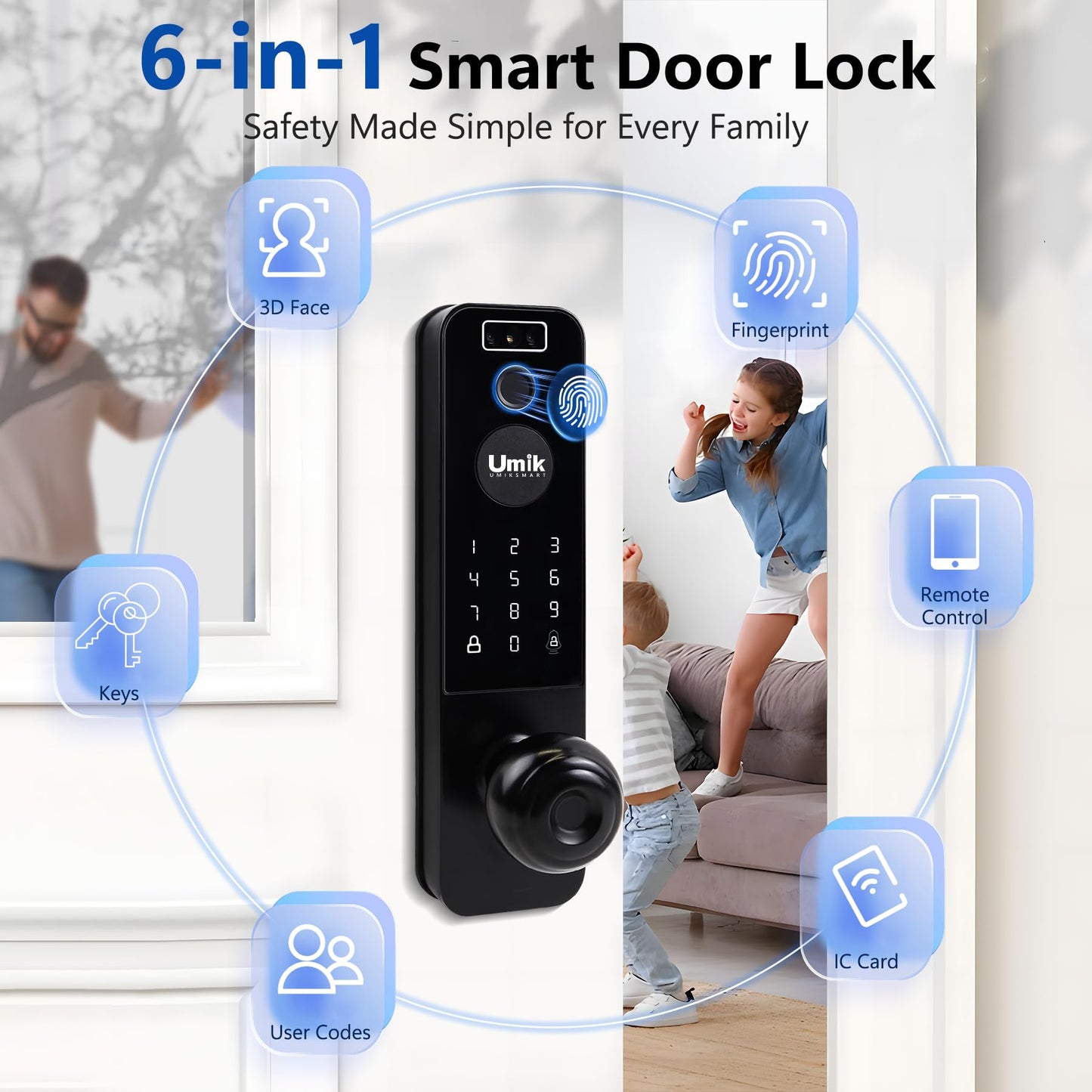 UMIK UMIKSMART 3D Face Recognition Smart Door Lock, Video Smart Lock with Camera&Doorbell, 6-in-1 Keyless Entry Door Lock for Front Door, APP Remote Control (Black)