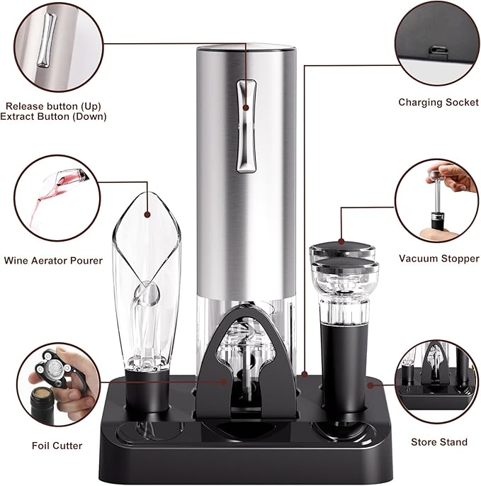 COKUNST Electric Wine Opener Set with Stand, USB Charging Corkscrew Remover, One-click Button Rechargeable Cordless Bottle Openers with Wine Pourer, Vacuum Stoppers, Foil Cutter for Home Party Wedding