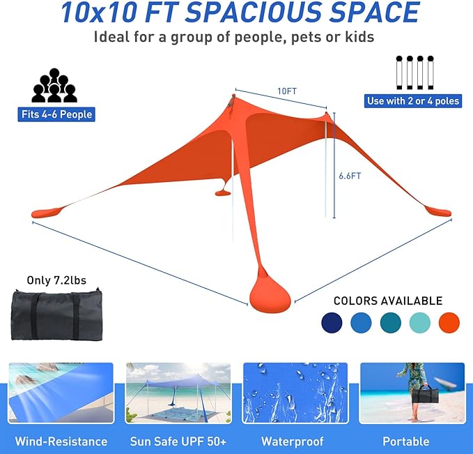 Beach Tent Pop Up Shade Canopy Sun Shelter UPF50+ with 2 Stability Poles/Carry Bag/Ground Pegs/Sand Shovel/Windproof Ropes Portable Outdoor Family Sunshade for Beach Camping (Orange, 10×10FT)