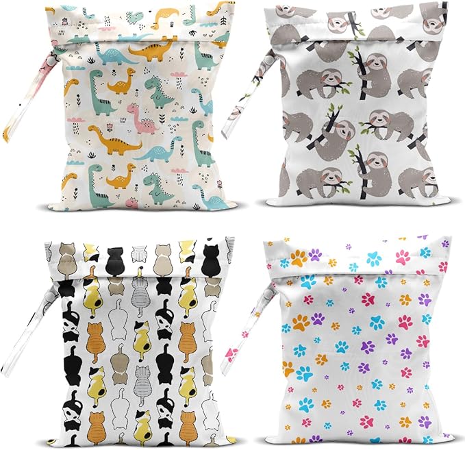 4 Pack Wet Bag for Swimsuit, Beach Travel Essentials Wet Dry Bag, for Sunscreen Toiletry Dirty Clothes Yoga Gym Diaper, Friend Summer Beach Vacation Gifts. Dinosaurs, sloths, dogs