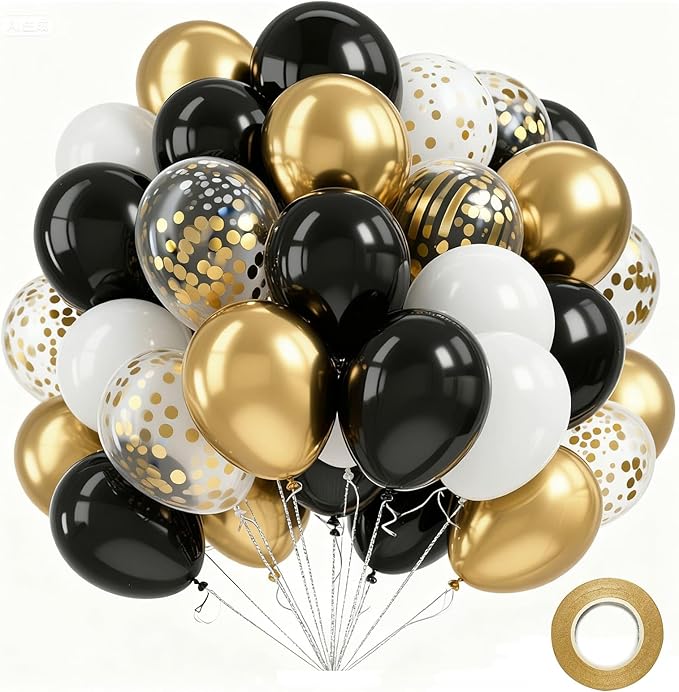 Black and Gold Balloons, 60PCS 12 Inch Confetti Gold and Black Balloons for Birthday, Wedding, Graduation, Baby Shower, En...