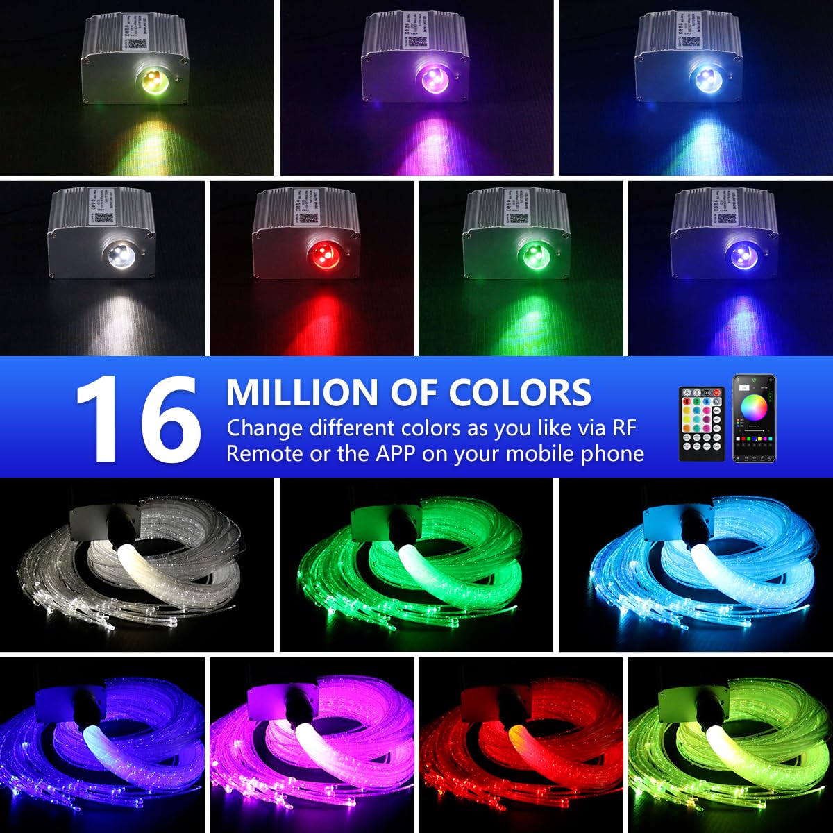 AKEPO Fiber Optic Sensory Lights for Autism Sensory Room for Kids, 10W RGBW Twinkle+Music Response+Bluetooth App Control Fiber Optic Light Engine with (3x0.75mm) Flash Point Cable 50pcs of 6.5ft/2m