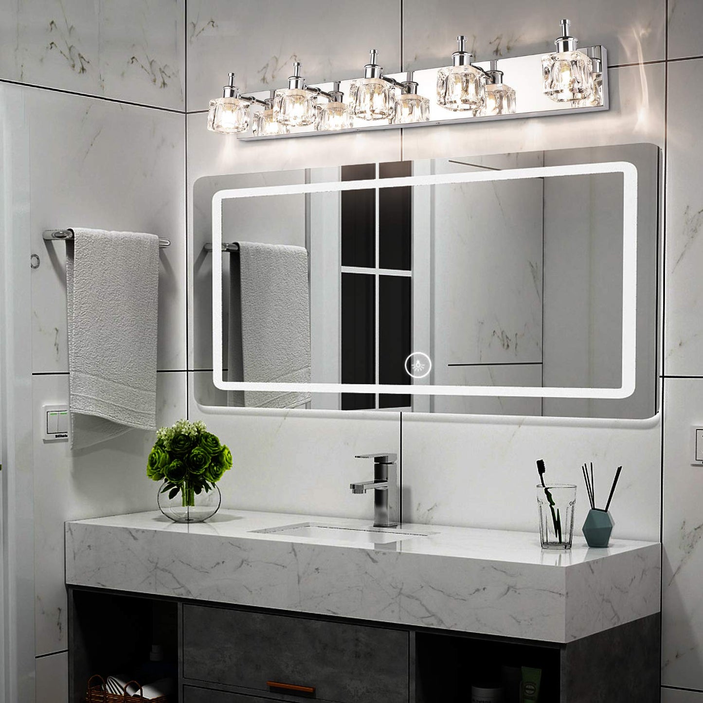 Presde Modern 5-Lights Bathroom Vanity Light Fixtures, Chrome Gloss Finish, Led Wall Lighting (Bulb Excluded)