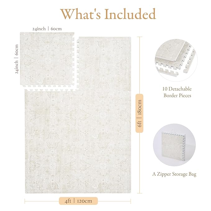 PopsyKosy Super 1 Inch Thick Premium Quality Exercise & Baby Foam Play Mats - Expandable & Large Non-Toxic Odorless Floor Mat - 6 Tiles Spacious 6x4ft - Peel-Resistant - Pearl Beige