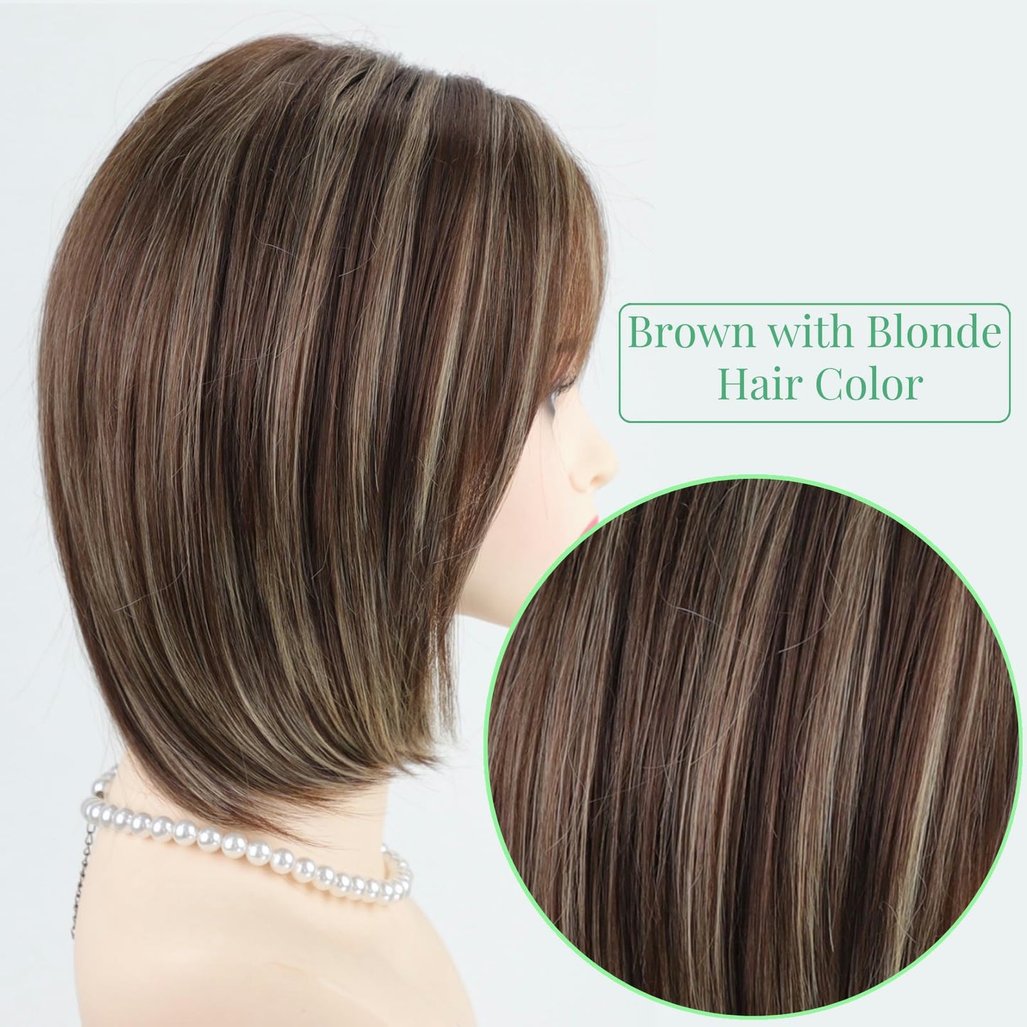 RENERSHOW Ombre Brown with Blonde Highlights Layered Bob Wig with Bangs Medium Length Straight Bob Wigs for Women 12inch Synthet