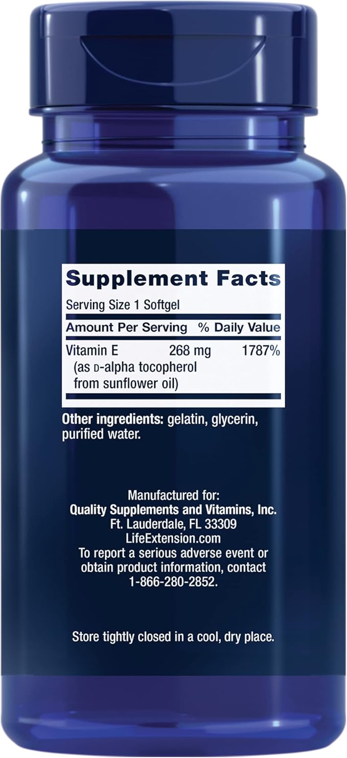 Life Extension Super Vitamin E 268 mg Non-Synthetic for Whole-Body Health, Gluten Free, Non-GMO, 90 Count