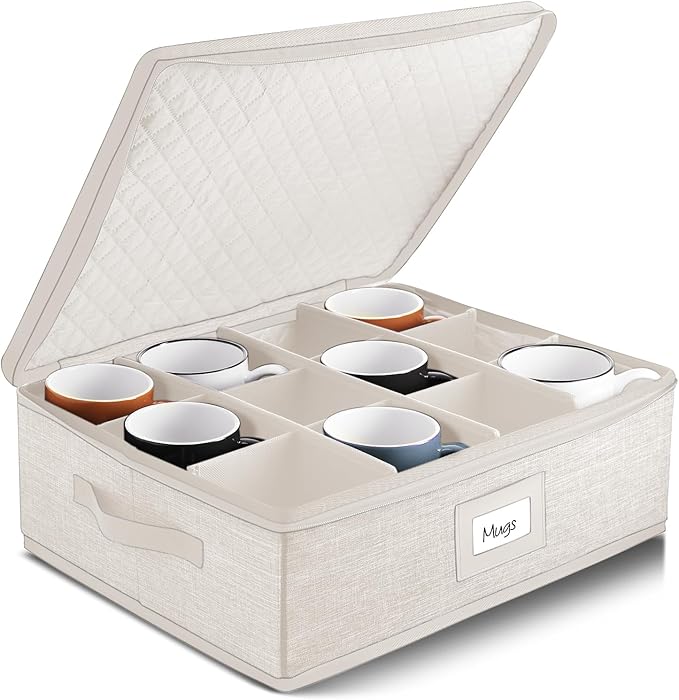 Hearth & Harbor Coffee Mug Storage, Quilted and Stackable Coffee Cup Storage Organizer for Service of 12, Mug Storage Box with Dividers, China Containers Hard Shell for Moving and Organization, Cream