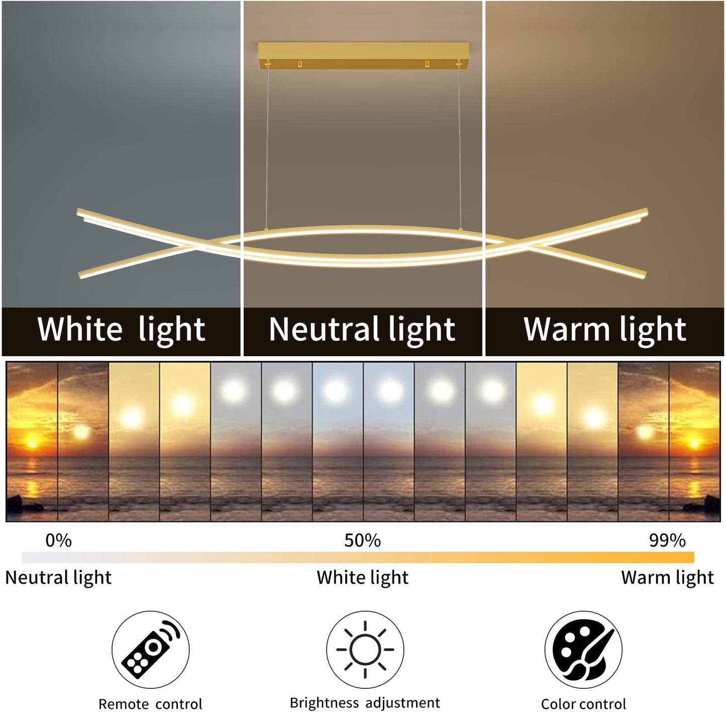 Matven Modern Chandelier Pendant Light, Dimmable LED, 3000K-6000K, 47IN, Gold, Model YGJS