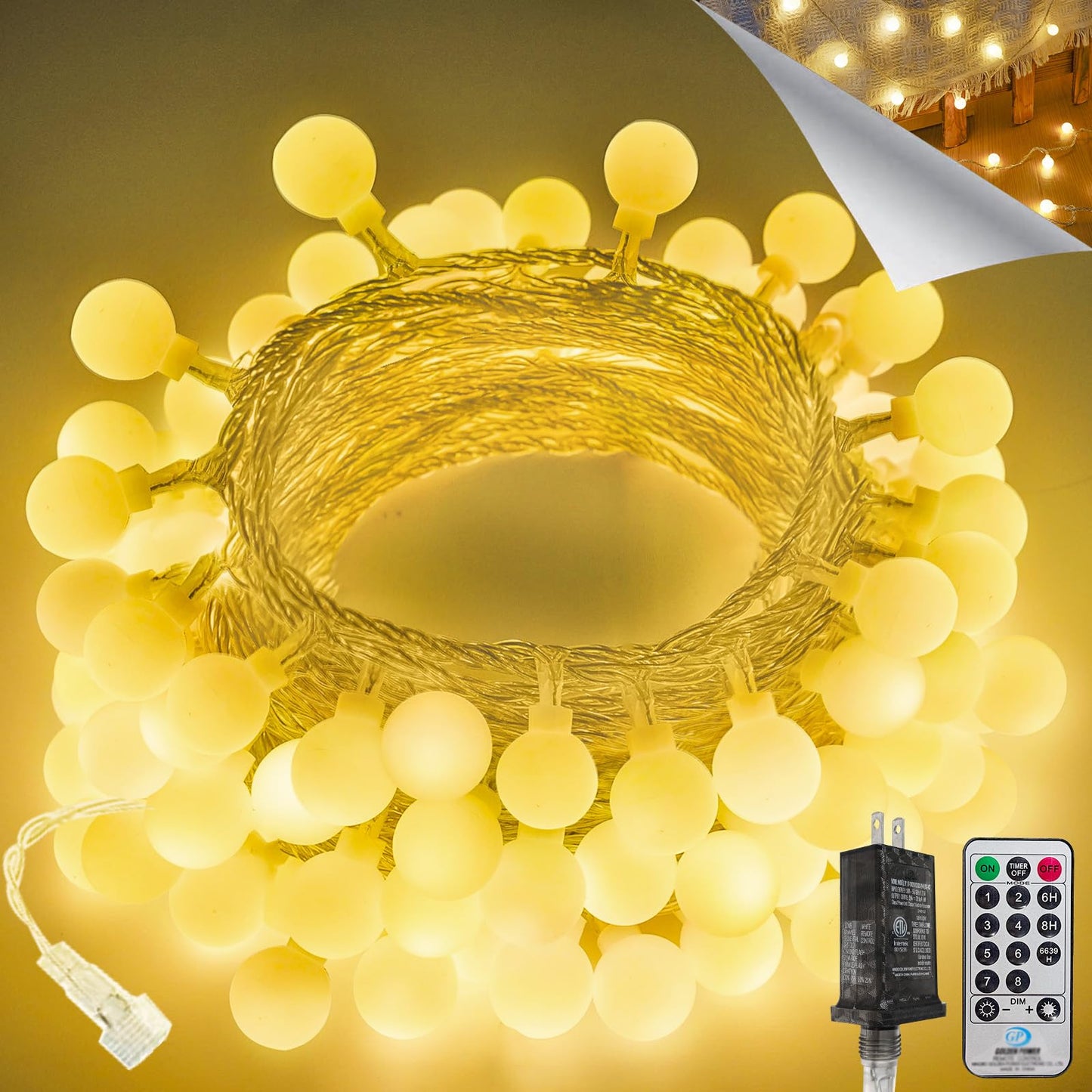 LORRYTE 100 LED Globe String Lights, Warm White, Connectable with Remote, 43FT, Model GP-SW290DC0209-IP44