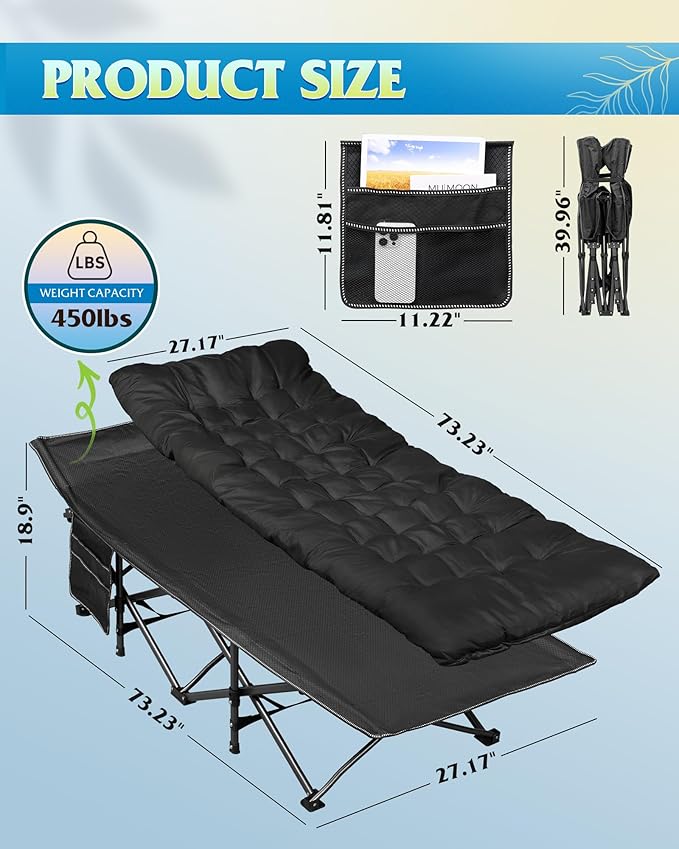 WLIVE 1200D Double Layer Oxford Camping Cots for Adults, Folding Cots for Sleeping with Mattress, Outdoor Folding Bed with Carry Bag, Portable Camping Bed for Sleeping, Resting, Camping, Black
