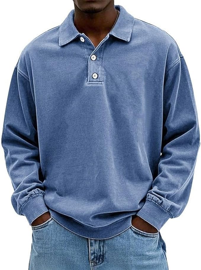 Men's Vintage Rugby Polo Shirt Long Sleeve Collared Thermal Pullover for Casual Work & Golf