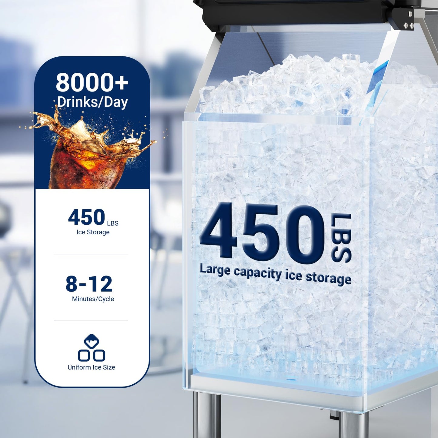 Commercial Ice Maker, 780 LBS/24h with 450 LBS Storage Bin, 234 Ice Cubes Ready in 5-15 min Air Cooled Stainless Steel Ice Maker, 22 Ice Thicknesses Industrial Ice Machine for Bar/Cafe/Restaurant