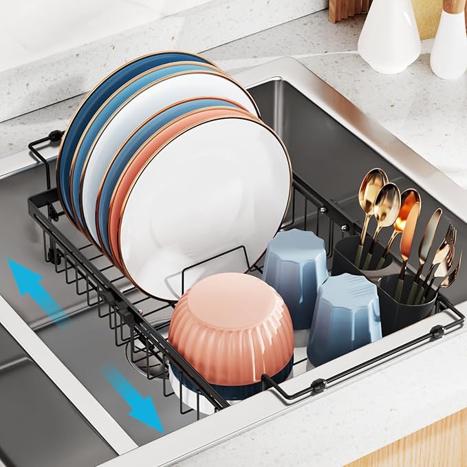 iSPECLE Expandable in Sink Dish Drying Rack - Adjustable Capacity Over The Sink Dish Drainer Drying Rack for Kitchen, 12.4"-17.1" L x 12.8" W, Black