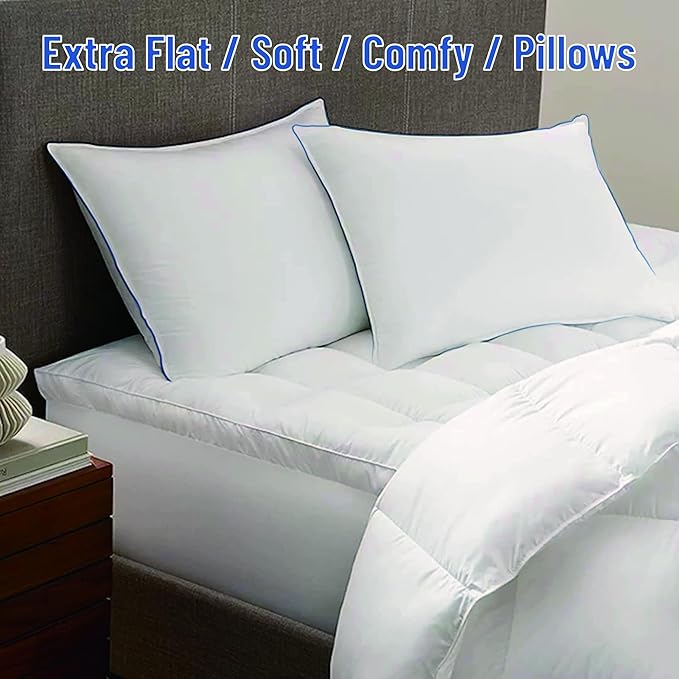 SILUI Extra Flat Soft Thin Pillows Standard Size Set of 2 Pack Bed Pillow with Down Alternative Fill for Side Back Stomach Sleepers, 20x26 Inches, White