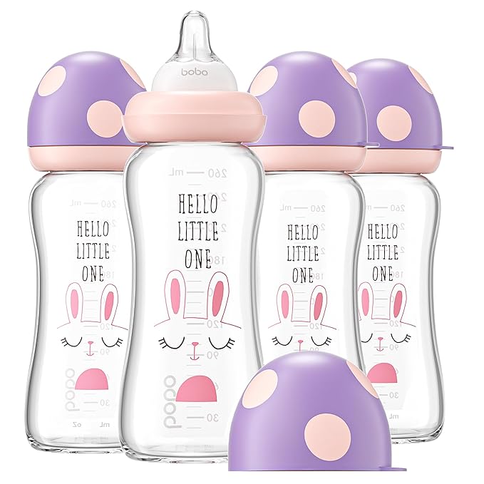 YOHKOH Natural Glass Baby Bottle with Natural Response Nipple, Newborn Anti-Colic Baby Bottles, Wide Neck Mushroom Cap Baby Bottle, Clear ((8.8oz (Pack of 4), Purple-A)