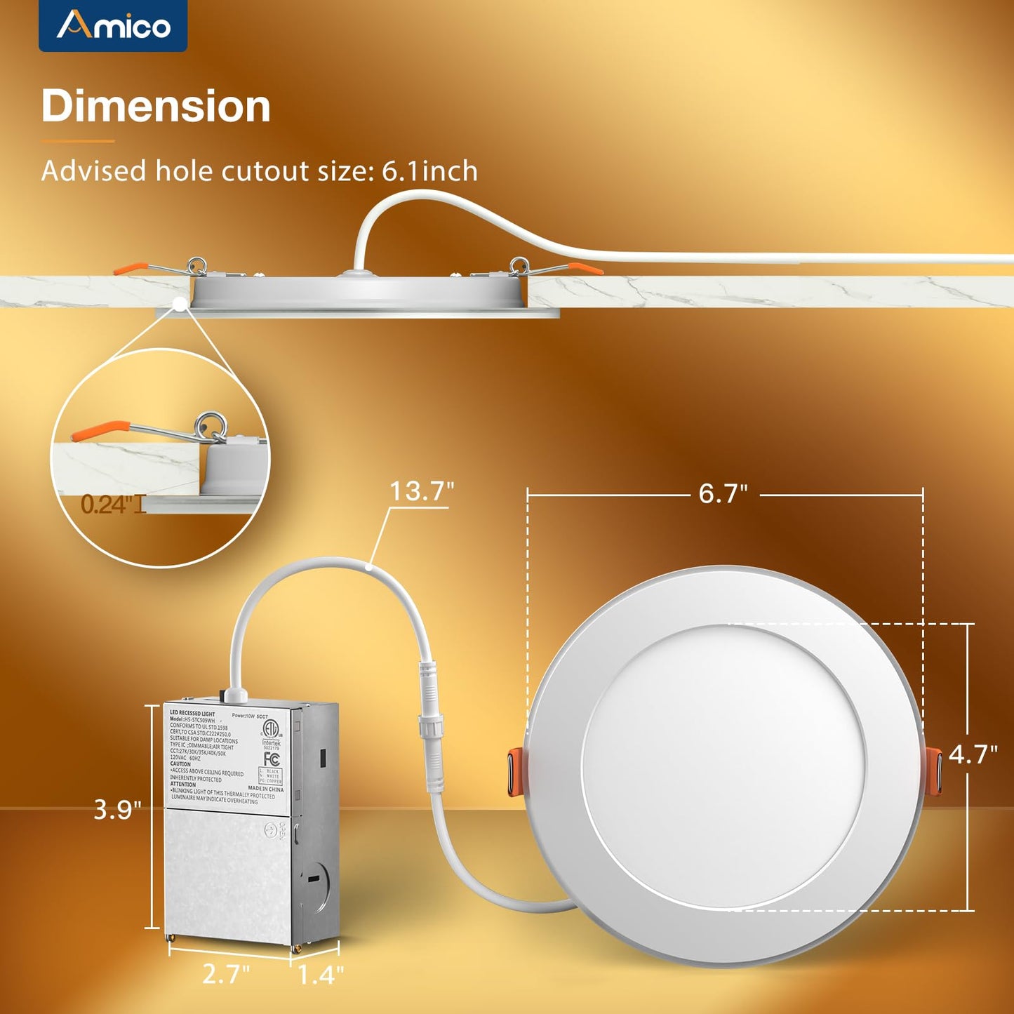 Amico 20 Pack 6 Inch 5CCT LED Recessed Ceiling Light with Night Light, 2700K/3000K/3500K/4000K/5000K Selectable Ultra-Thin Recessed Lighting, 12W=110W, 1100LM, Dimmable Canless Wafer Downlight ETL&FCC