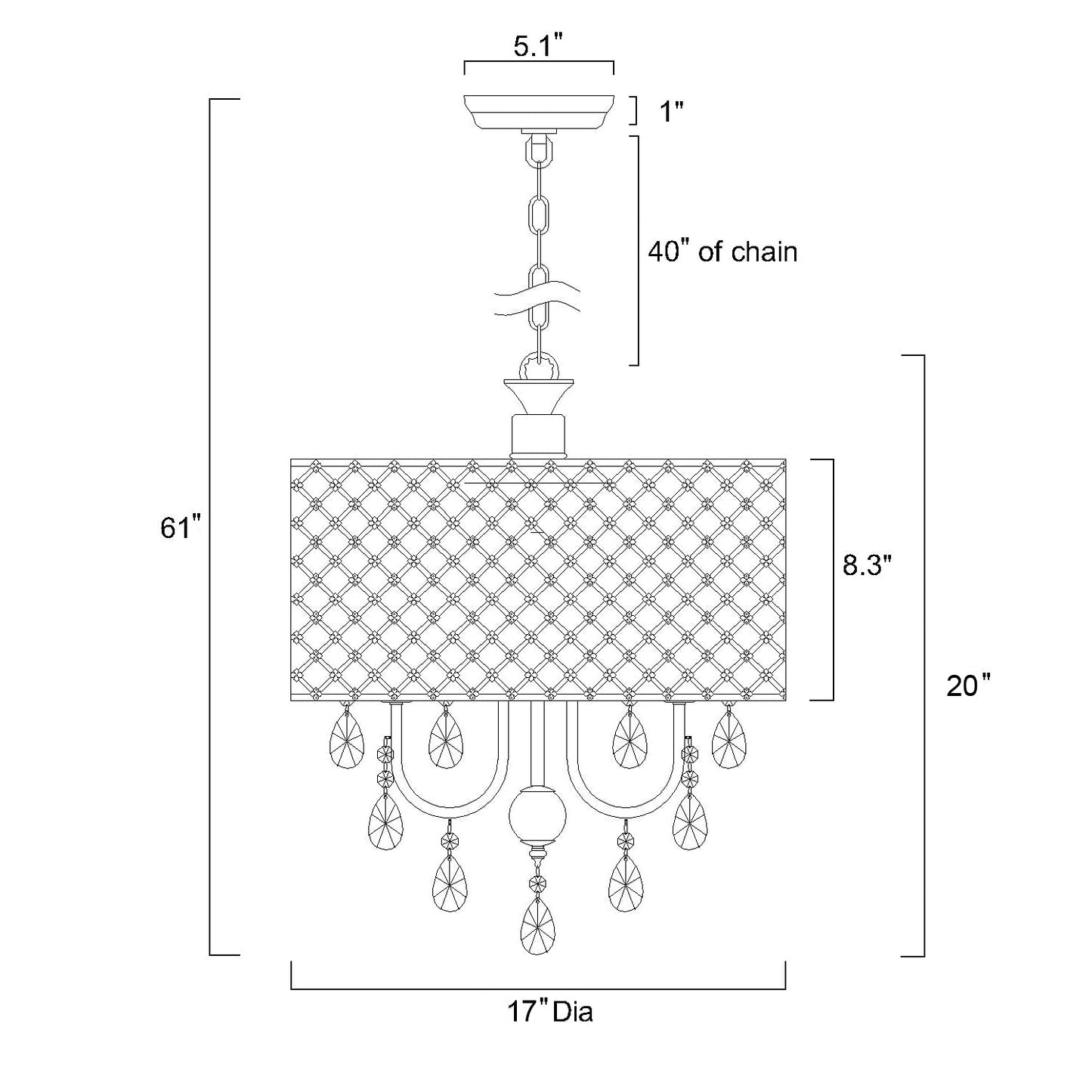 Edvivi Chrome 4-Light Round Crystal Chandelier Ceiling Fixture, Beaded Drum Shade, Model Epg801Ch