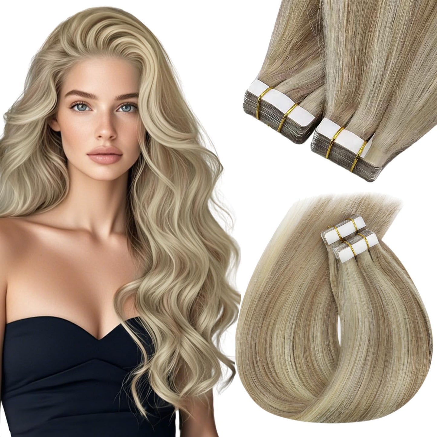 Sunny Hair Tape in Hair Extensions Real Human Hair Invisible Remy Hair Extensions Tape ins for Women Lightest Brown Highlight Pl
