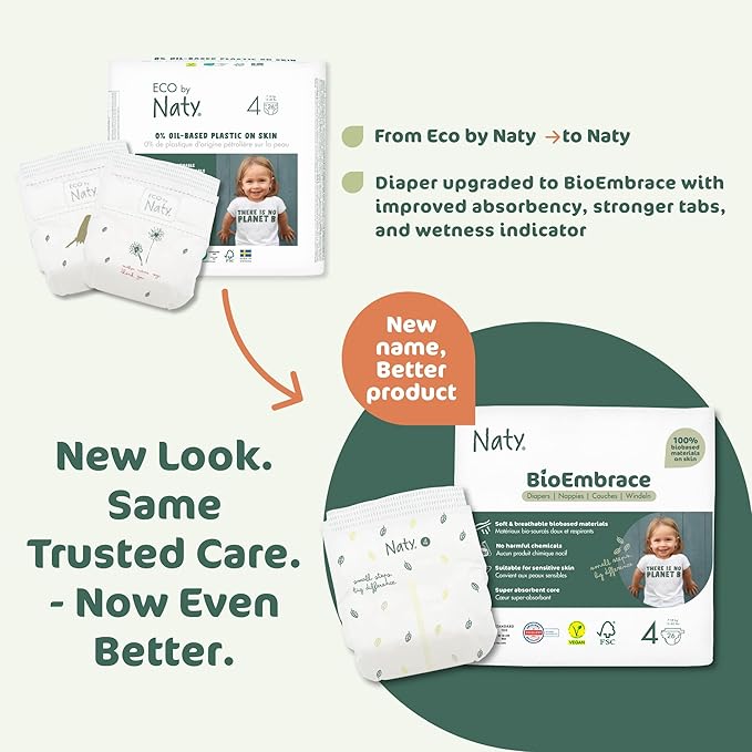 Naty BioEmbrace Baby Diapers Size 4 (15–40 lbs) | 100% Biobased on Skin | Plant-Based Softness | Dermatologically Tested, Super Absorbent | 156 Count