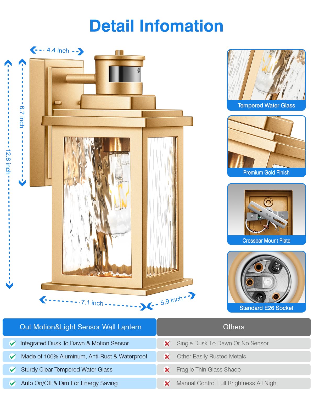 Vianis Motion Sensor Porch Lights - Outdoor Wall Fixtures, Gold Aluminum, Dusk To Dawn, Waterproof, Model V81011Gd