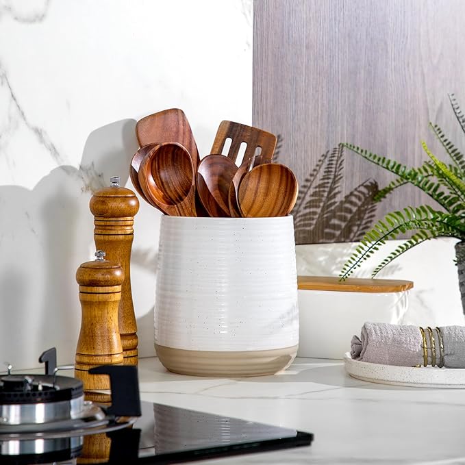 6.8" Large Ceramic Kitchen Utensil Holder - Utensil Holder for Kitchen Counter, Modern Farmhouse Style Holder for Spoons, Spatulas & Cooking Tools (White)