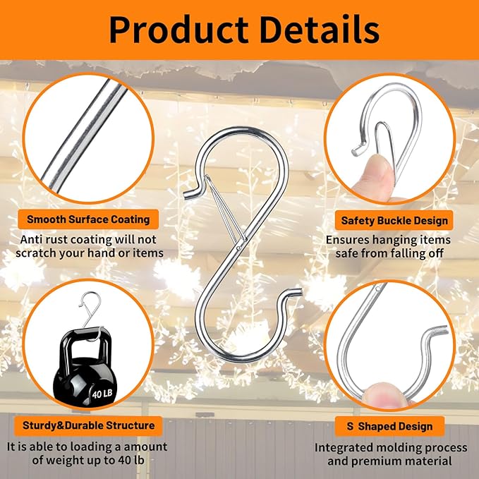 12 PCS S Hooks for Hanging with Safety Buckle, 3.5 inch Heavy Duty Metal S Shaped Hooks for Kitchen Utensil, Cups, Pots, Plants, Bags, Hats (Silver)