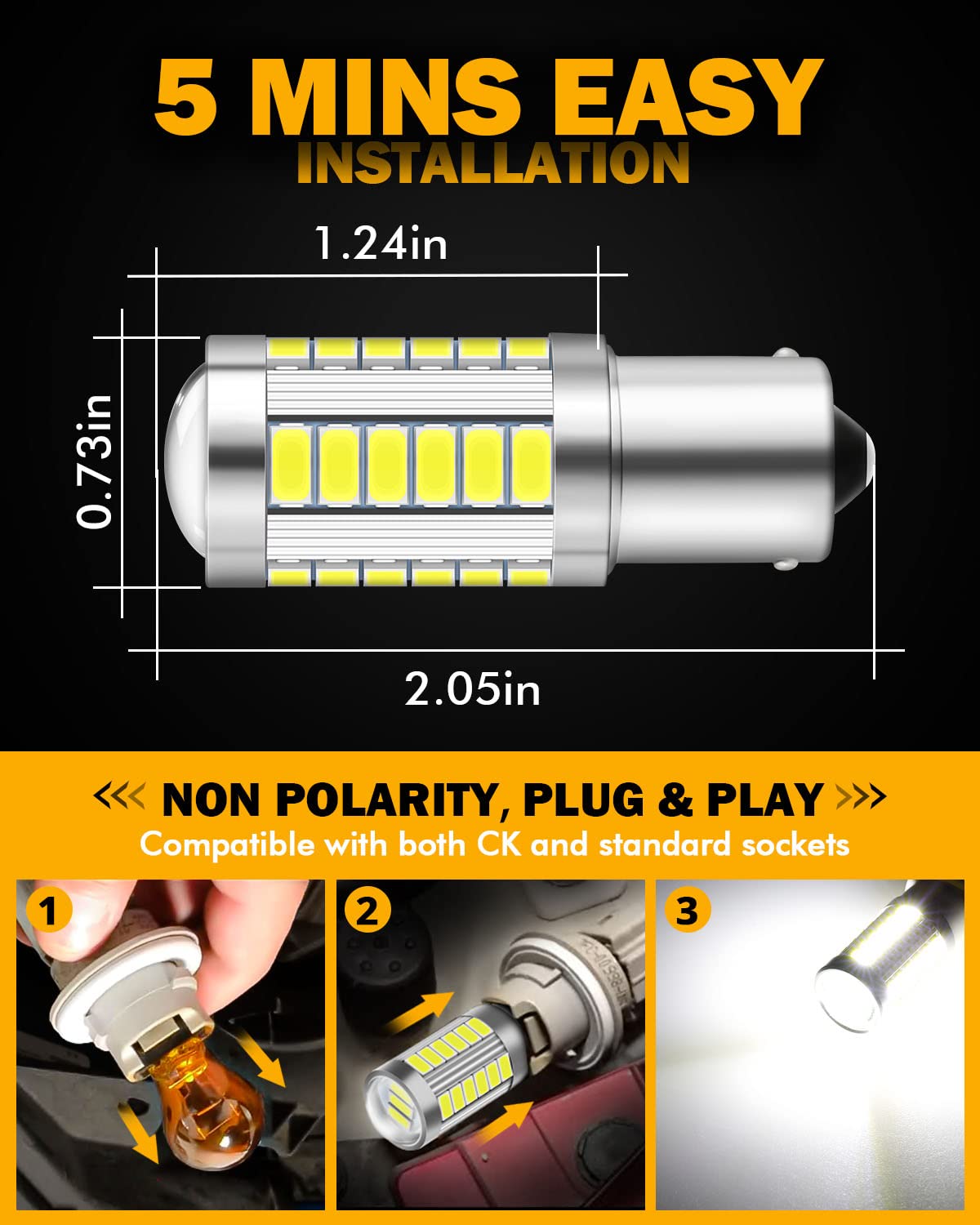Auxbeam 1156 Led Reverse Light Bulbs, 6500K White, Aluminum, Pack Of 2, Super Bright P21W Ba15S