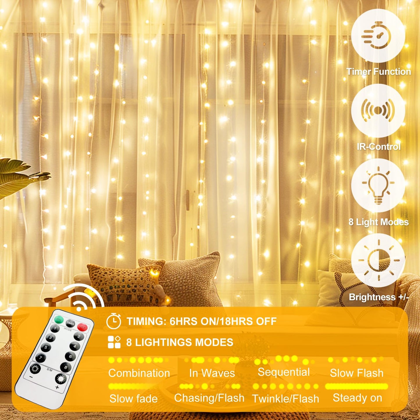 Holits 2 Pack Fairy Curtain Lights Upgraded Tangle-Free Warm White Usb Plug In 8 Modes String Hanging Lights With Remote For Christmas  Bedroom  Indoor  Outdoor  Weddings  Party (10 Ftx10 Ft)