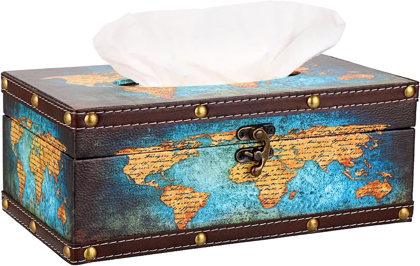 Sumnacon Tissue Box Cover Rectangle Wooden Tissue Box with Lid, Vintage Tissue Box Holder with Retro Pattern, Rustic Tissue Cover for Bathroom Toilet Living Room Table Desk Office Decor,Green Map