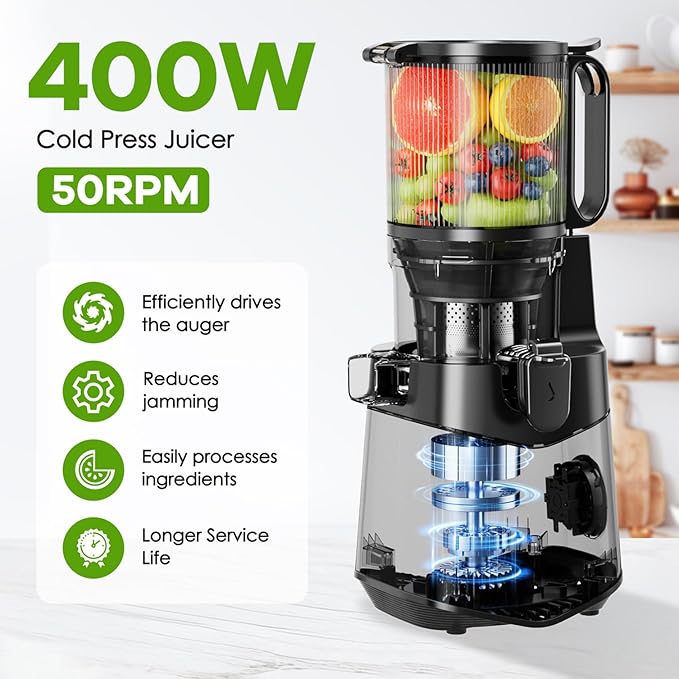 Cold Press Juicer, 5.8" Wide Feed Chute Juice Extractor Machine with 400W, High Juice Yield, Slow Masticating Juicer for Whole Vegetables & Fruits, Dark Grey