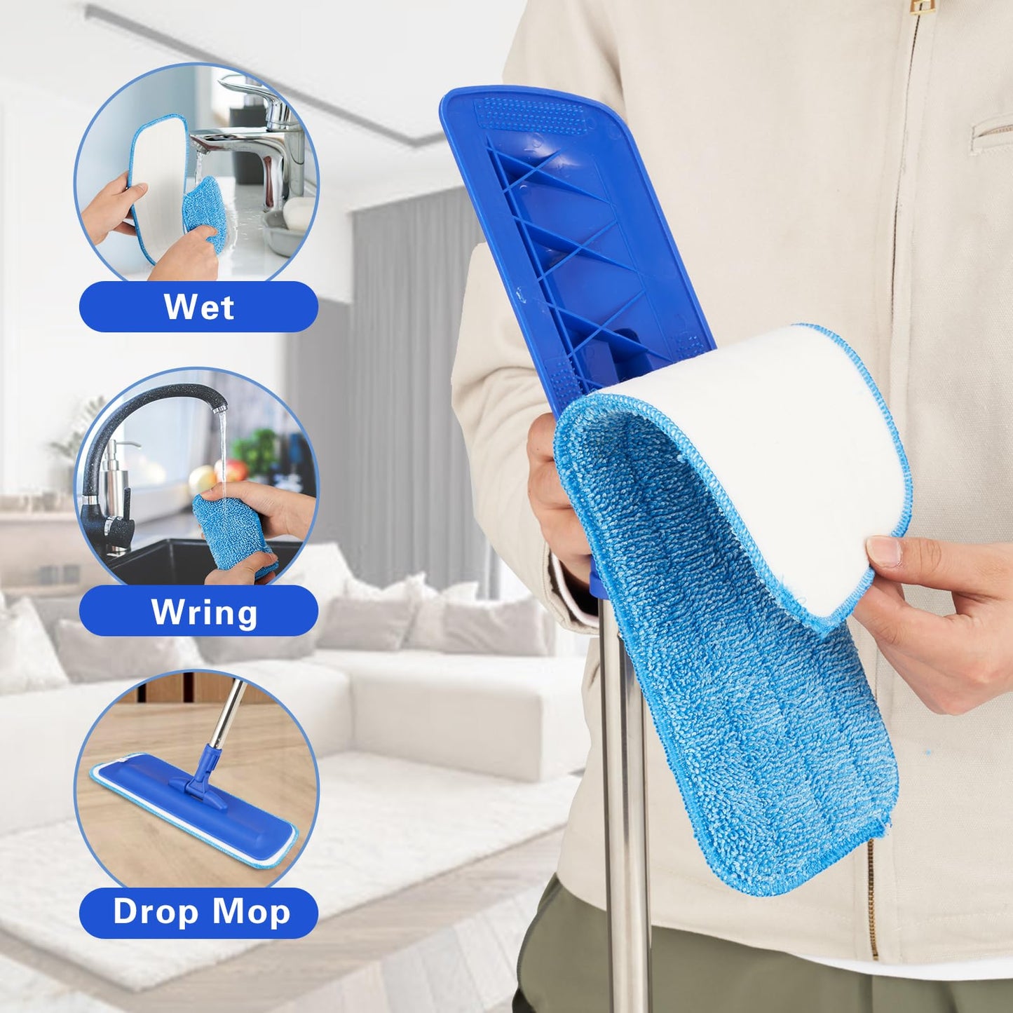 17.5" Professional Microfiber Floor Cleaning Mop, Flat Mop with Stainless Steel Handle, 2 Reusable Washable Pads, Wet and Dust Mopping for Hardwood, Vinyl, Laminate, Tile Cleaning (Blue)