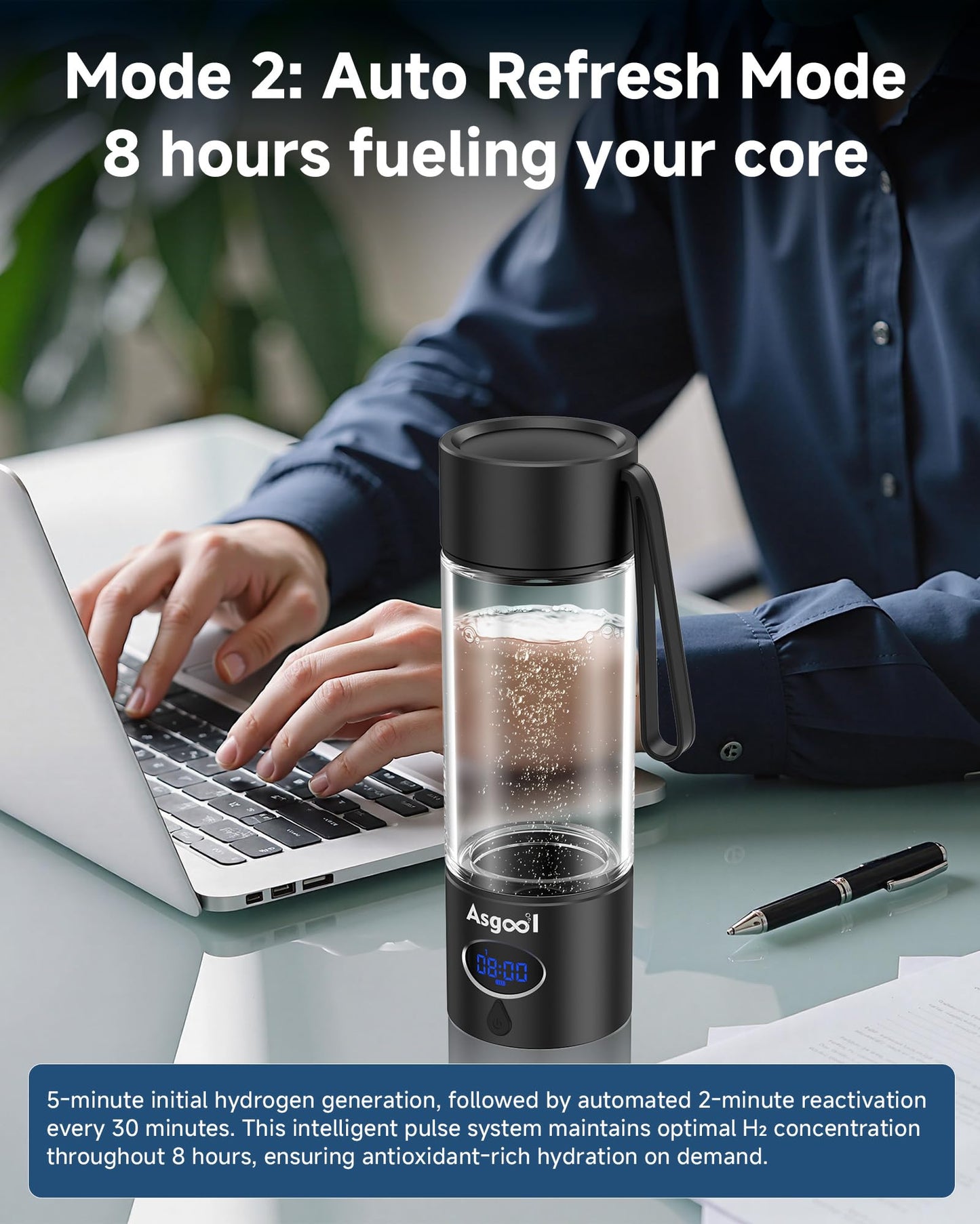 Hydrogen Water Bottle - 5000 PPB in 8 Minutes, Cyclic Mode for 8 Hours, Self Clean, Aluminum & Glass, 360ml Capacity, for Travel, Sports, Office, Home (Black)