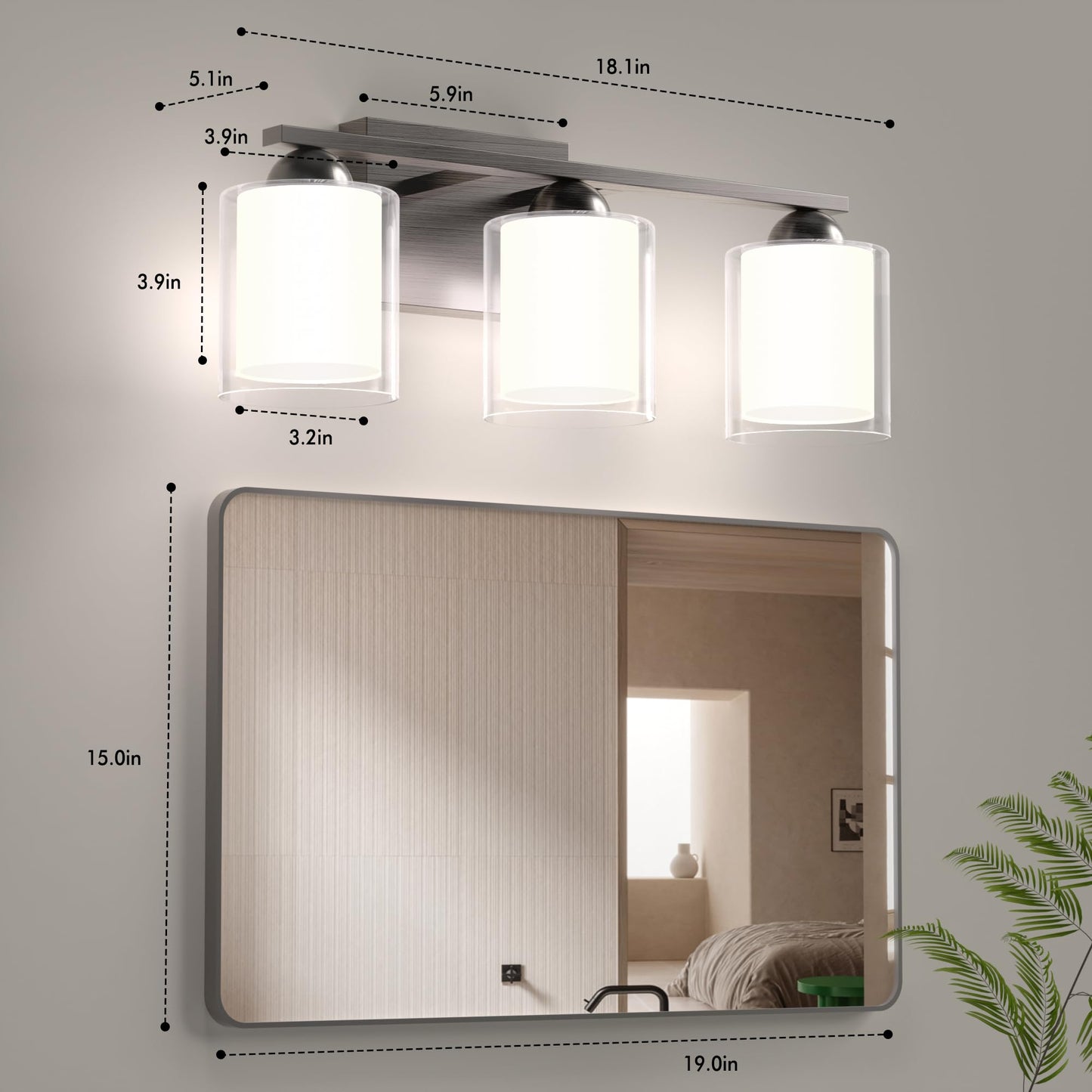 Quntis 3 Light Brushed Nickel Bathroom Light Fixtures, LED Vanity Lights Over Mirror, Model QNT-3L-BN-VL, Milk White Frosted Glass
