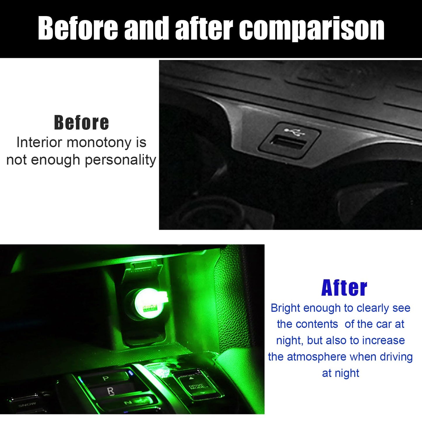 Sylvil 2 Pcs Usb Led Car Interior Atmosphere Lamp  Portable Mini Led Night Light  Plug-In Usb Interface Trunk Ambient Lighting Kit  Universal Interior Car Accessories (Green)
