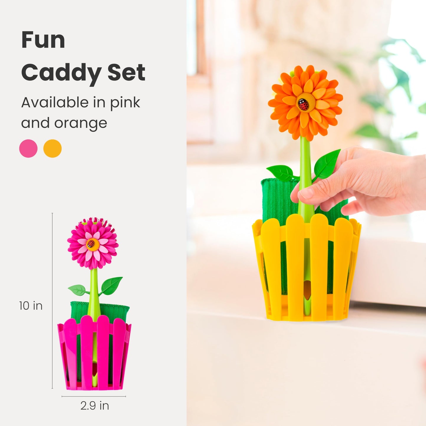 Vigar Flower Power 3-in-1 Kitchen Sink Caddy Set, Flower-Shaped Dish Brush, Sponge, Fence-shaped Holder and Suction Cup, Ideal Sink Organizer, Orange
