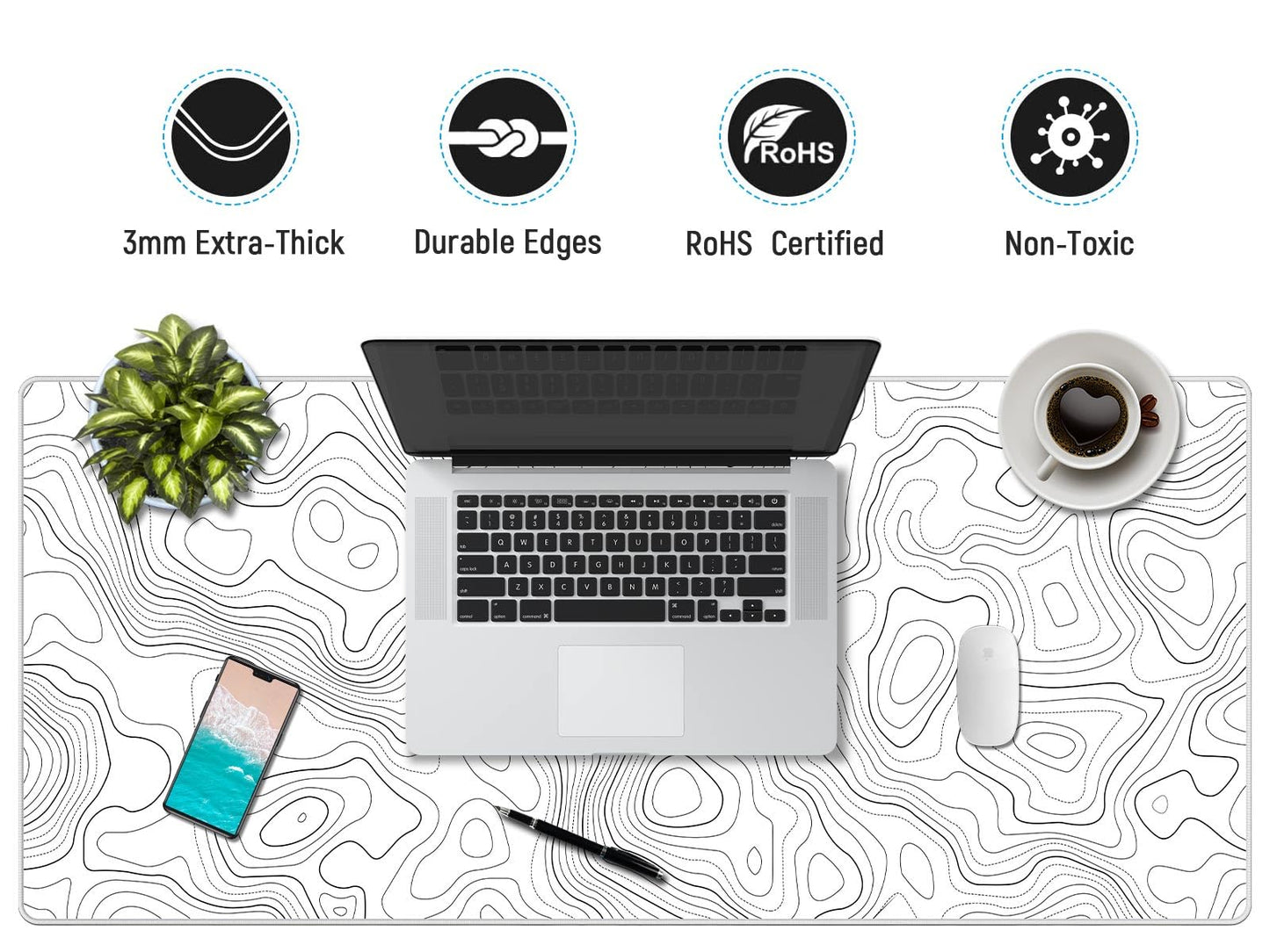 JIALONG White Topographic Large Gaming Mouse Pad, XXL Mousepad, Big Mouse Mat Desk Pad for Keyboard and Mouse, Gaming Computer Laptop PC Desk Office Accessories