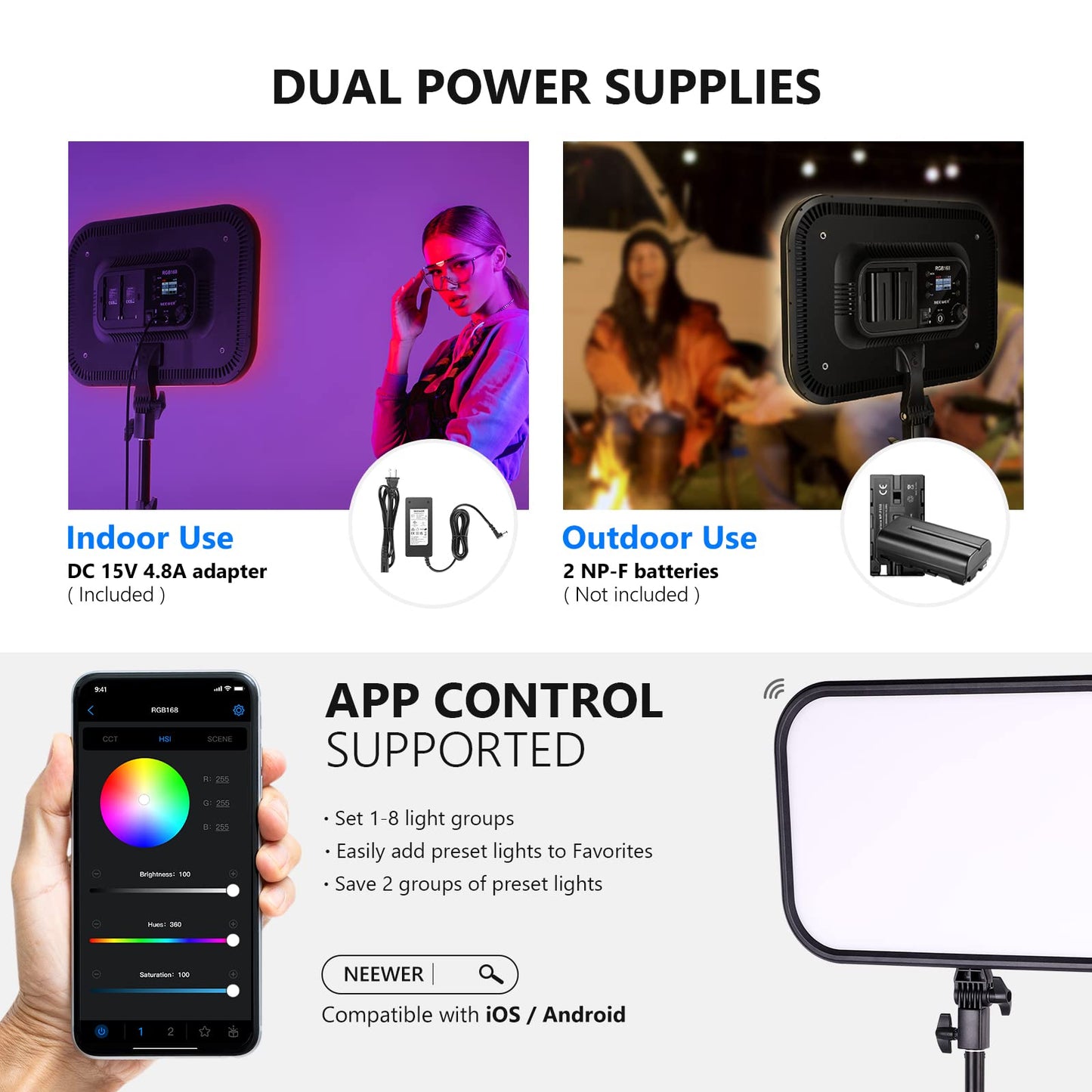NEEWER RGB168 18.3" RGB LED Video Panel Light with App Control, 2 Pack Tripod Stand Kit, 60W/360° Full Color/2500~8500K/CRI97+, Studio Photography/YouTube Recording/Game Streaming Key Lighting