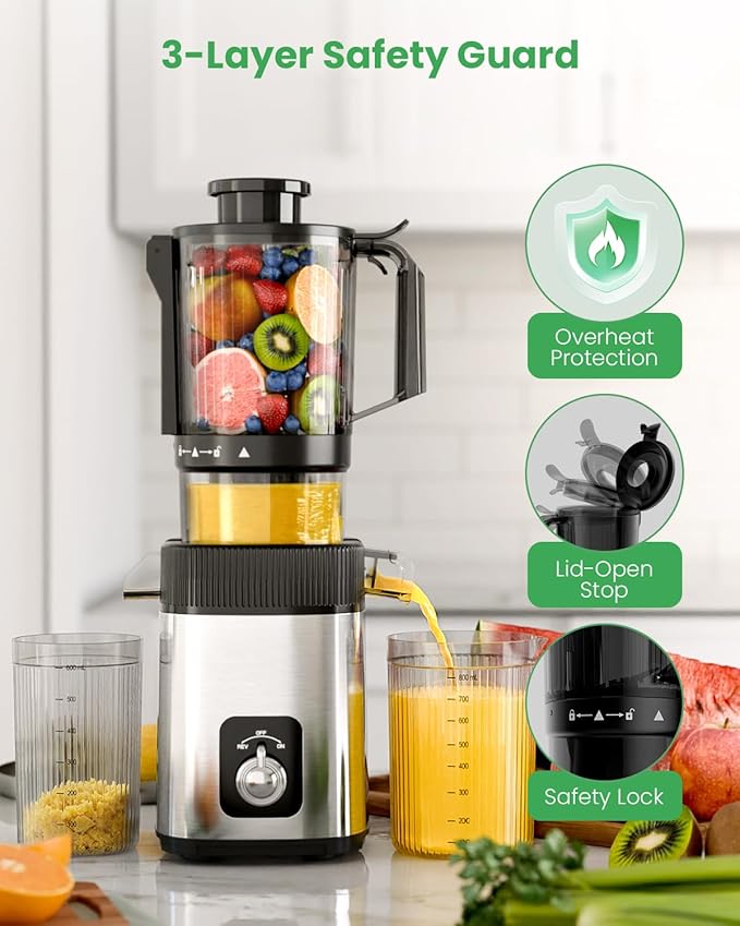Kismile Cold Press Juicer, Juicer Machines Vegetable and Fruit, 4.35" Wide Feed Chute, Slow Masticating Juice Maker with Reverse Function, Electric Juicers Easy to Clean, Stainless Steel Juicer