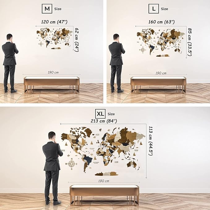 Wooden World Map 3D Art Large Wall Decor - Size (M & L & XL) Any Occasion Gift Idea - Wall Art For Home & Kitchen or Office (COFFEE, 63,00" x 33,46")