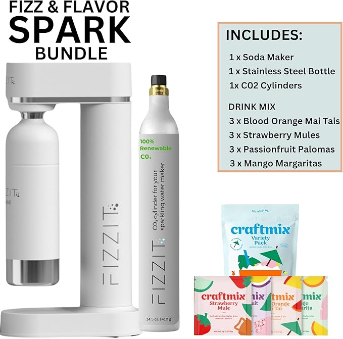 White Stainless Steel Sparkling Water Maker Soda Maker Includes 1 x CO2 Cylinder & 1L White Stainless Steel Bottle