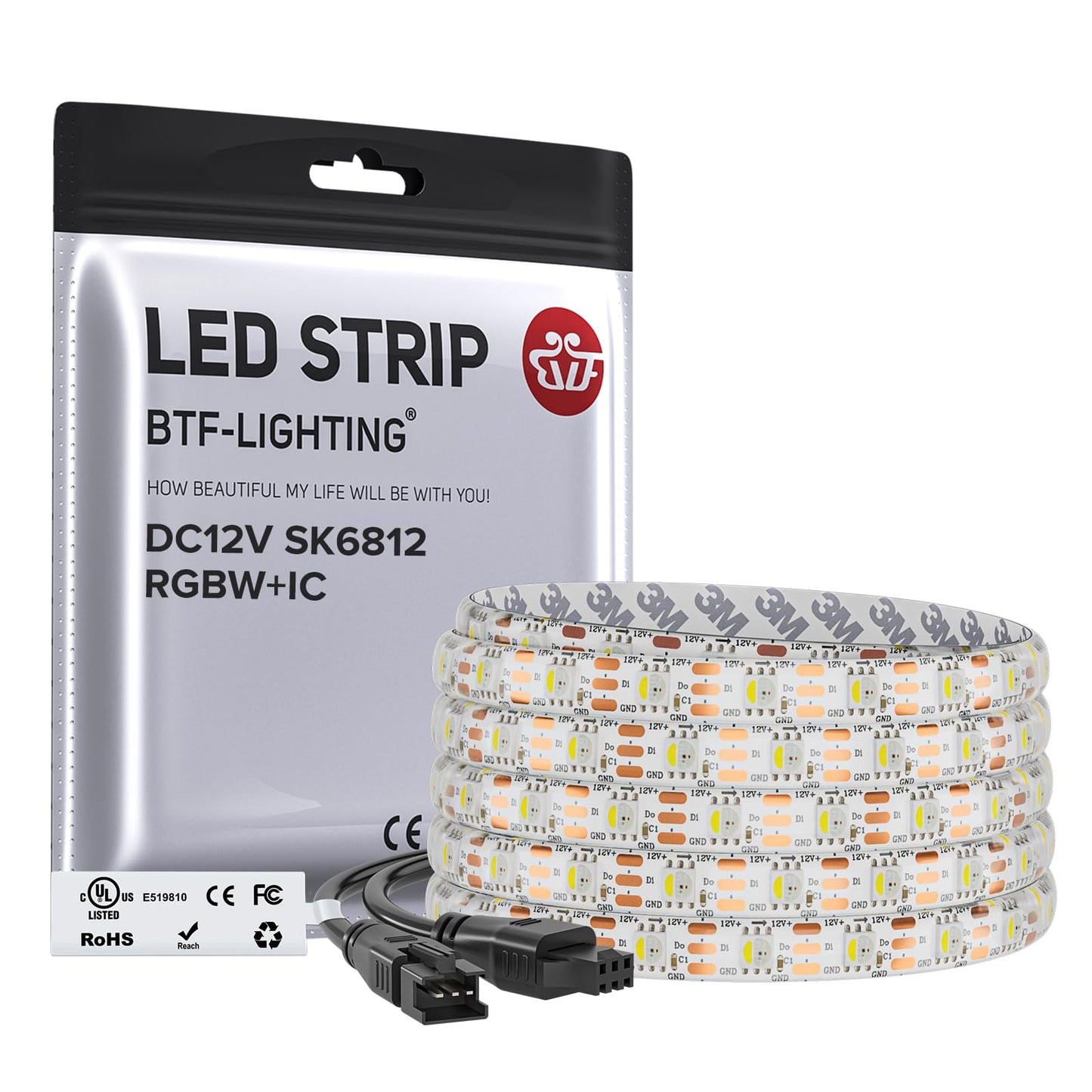 Btf-Lighting Sk6812(Similar Ws2812B) Rgbw Rgb+Cool White(6000K) Individually Addressable Dc12V 16.4Ft 60Led/Pixels/M 4 Colors In 1 Light Dream Color Led Strip Ip65 White Pcb(No Adapter Or Controller)