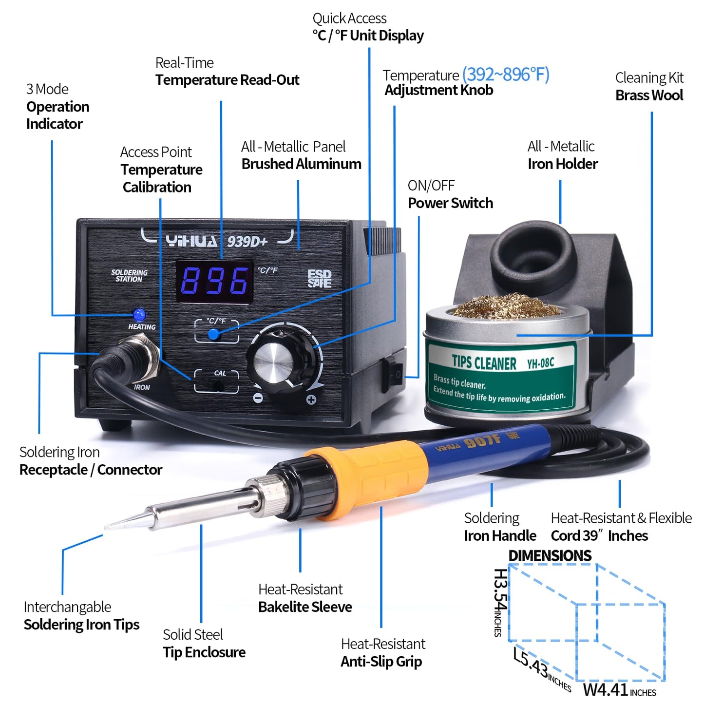 YIHUA 939D+ Digital Soldering Station, 75W Equivalent with Precision Heat Control (392°F to 896°F) and Built-in Transformer. ESD Safe, Lead Free with °C/°F display (Black)