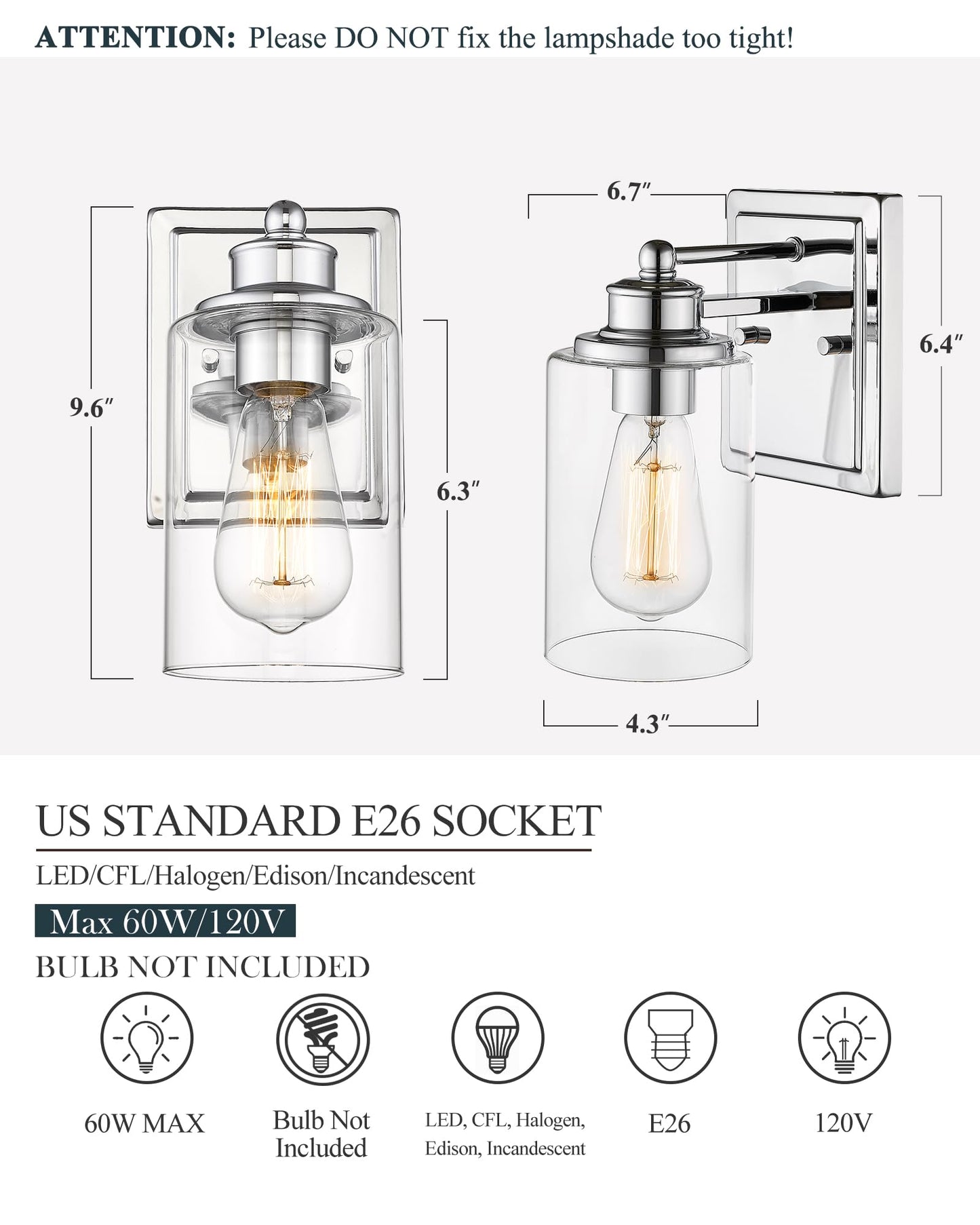 Bathroom Vanity Light Chrome  Hwh Modern Wall Lighting Over Mirror  1-Light Wall Sconce With Clear Glass Shade For Bathroom  Powder Room  Dressing Table  5Hlt63B Ch