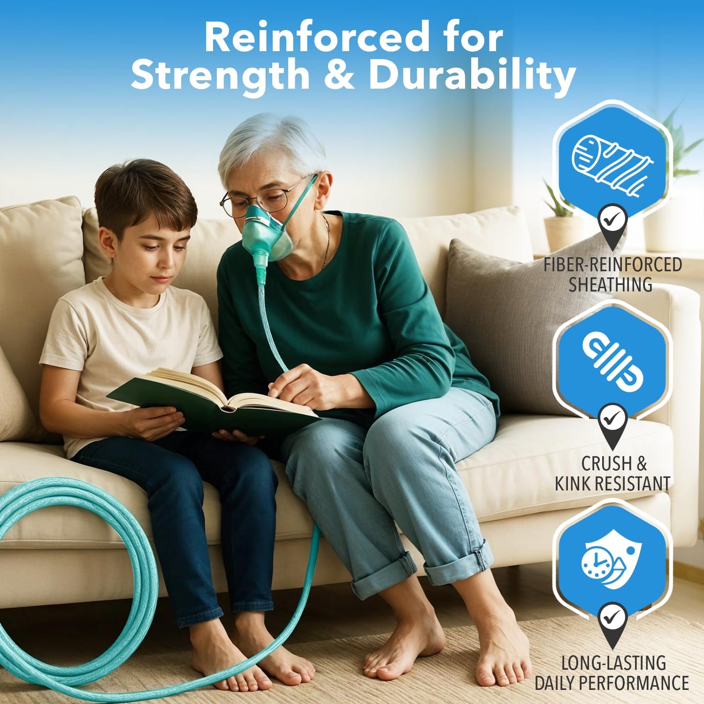 1 Oxygen Tubing 50 Ft Non Kinking High Flow — Medical Grade Universal Oxygen Hoses for Home Use, Compatible w/Standard Oxygen Therapy Devices and Connectors, O2 Tubing for Oxygen Concentrator (1 Pack)