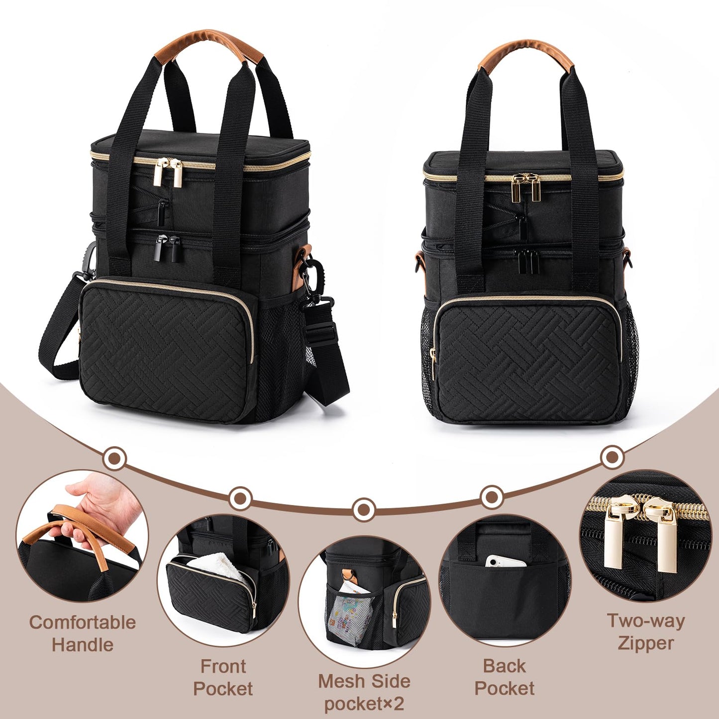BABEYER Breastmilk Cooler Bag with Ice Pack Fits 6 Baby Bottles Up to 9 Ounce, Expandable Double-Layer Leak-Proof Cooler Bag with Shoulder Strap for Nursing & Working Mom, Black