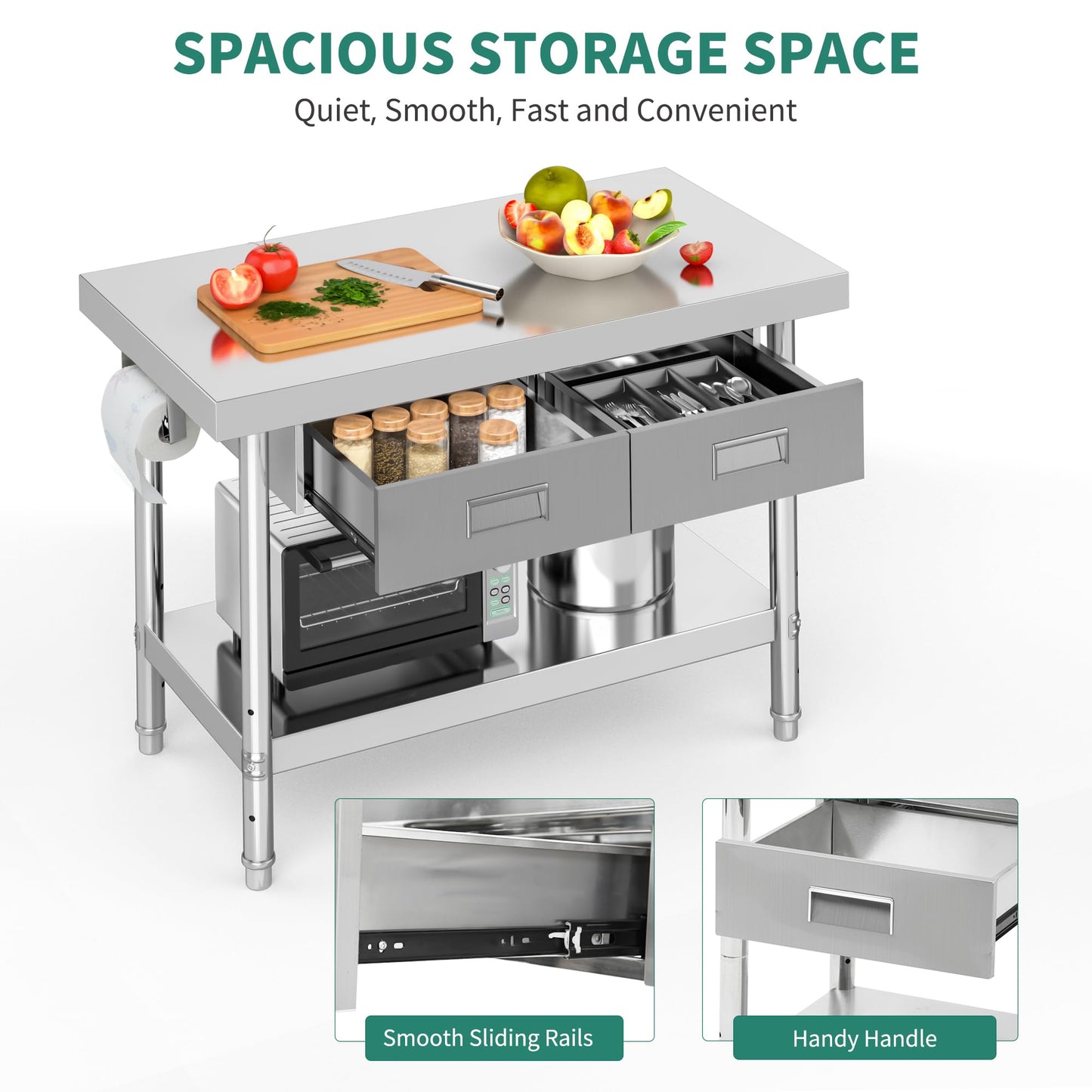 YITAHOME 48" × 24" Stainless Steel Table with 2 Drawers, NSF Work Table with Drawer, Metal Table Prep Table for Home Kitchen Restaurant Garage Warehouse